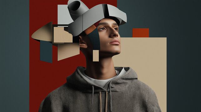 Abstract Poster of AI and Creativity Featuring Moroccan Man with Tarbouch and Stylish Hoodie