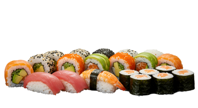 Assorted sushi platter showcasing various types of rolls and nigiri.  Colorful sushi pieces include salmon, tuna, avocado, and more, arranged neatly on a black background