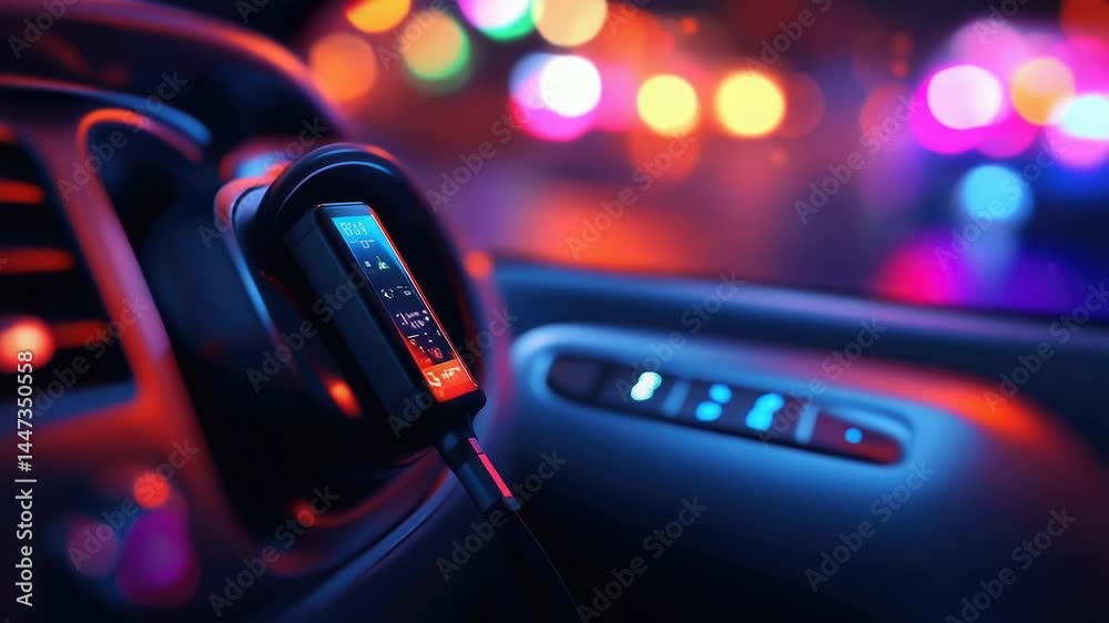 Poster a close-up shot of a car dashboard with bright lights shining in the background
