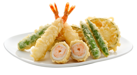 Assorted tempura, featuring shrimp, vegetables, and fish cakes on a plate