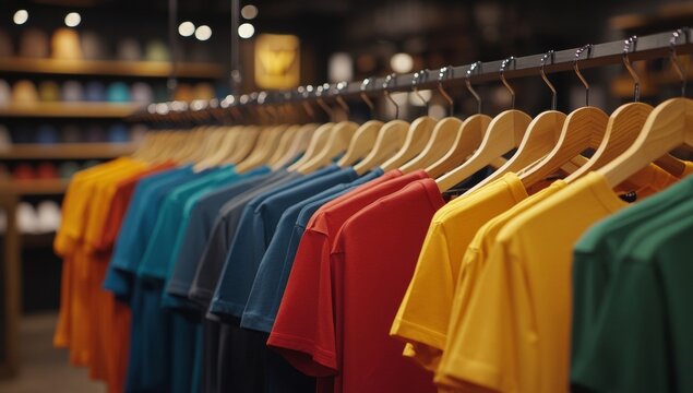 A rack of shirts in a store with a variety of colors
