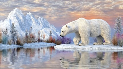 Polar bear on winter ice patch