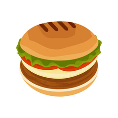 Hamburger isolated on white or transparent background. Vector illustration. Close-up element for design and menu decoration. Bun with cheese, cutlet, tomato and salad.