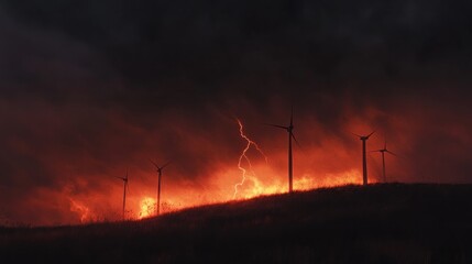 Obraz premium Ominous wind farm with lightning strike