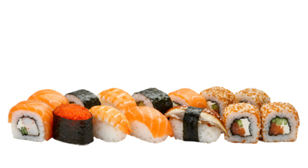 Assortment of sushi rolls and nigiri. Various fish and seafood fillings