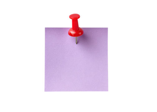 Square lilac note with red push pin isolated on transparent background. Memo, reminder and to do list concept. - Powered by Adobe