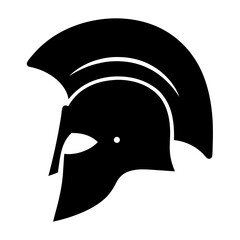 A black silhouette of a Spartan helmet against a white background