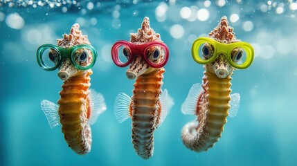 Drei bunte Seepferdchen mit Tauchbrillen &ndash; Unterwasserfreunde