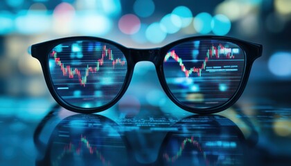 Eyeglasses Reflecting Stock Market Data at Night