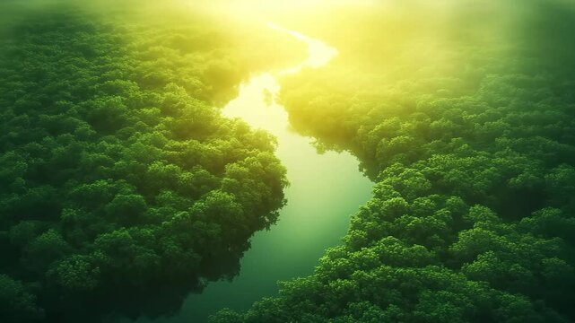 Aerial view over a dense forest with a winding river under a bright sun.
