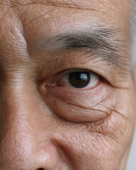 Emotionless eyes with relaxed eyelids, expressionless stare, East Asian elderly male, clean white background.