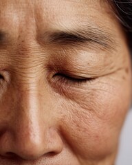 Obraz premium Close-up of teary sad eyes, lowered eyelids and gentle frown, Asian elderly woman, clean white background, soft natural lighting.