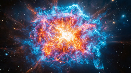 Obraz premium Intense blue and orange nebula, cosmic clouds swirling, creating a vibrant, energetic image symbolizing power, creation, and the vastness of space