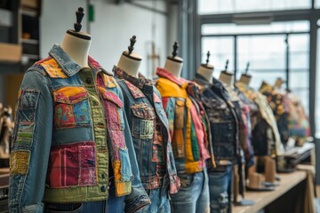 Three denim jackets with patches and buttons on them are displayed in a room