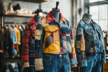 Three denim jackets with patches and buttons on them are displayed in a room