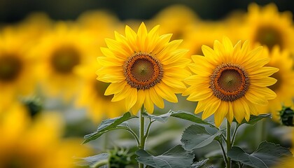 Obraz premium Two sunflowers in focus, others blurred