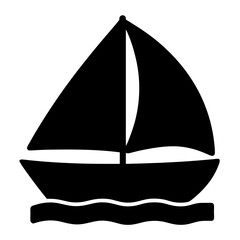 Fototapeta premium Simple black and white sailboat icon floating on calm ocean waves