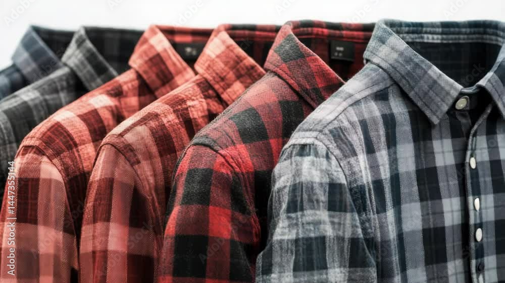 Aufkleber Shirts displayed on a rack with multiple rows, suitable for clothing store or inventory image