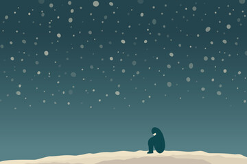 mind healthy concept, silhouette lonely person sitting alone under starry night, falling snow sky, flat vector cartoon art 