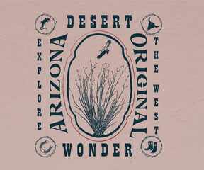 Western vintage desert vector design with typography, Arizona desert wild life artwork with typography, Ocotillo Plant hand drawn illustration