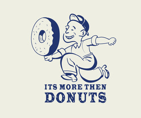 Donuts vintage vector design, Vintage bakery and cafe logo vector art, Boy running with donuts cartoon illustration