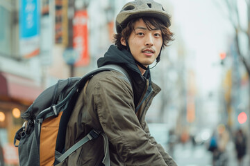 THE trendy fashionable young Japanese man effortlessly glides through bustling city streets, embracing urban exploration on hsleek bicycle