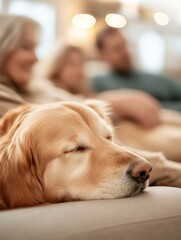 Golden Retriever Napping with Family on Sofa
