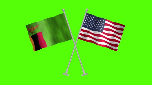 Flag of Zambia and USA, Cross table flag of Zambia and USA on Green screen chroma key, Zambia and USA 3D Animation flag waving in the wind isolated on Green Background. 

