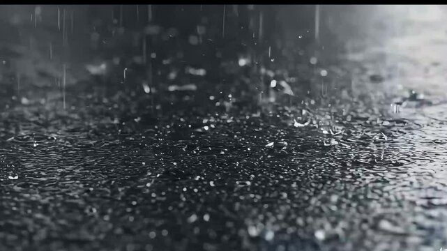 Close-up of raindrops splashing on wet asphalt surface in moody lighting