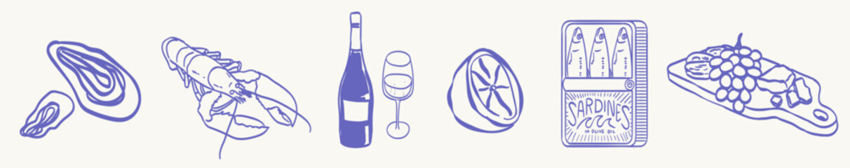 Summer Italy. Amalfi or Sicily dinner menu vector illustrations. Image of Italian Mediterranean seafood and wine, lobster, sardines can, lemon, oyster and wine set drawing for poster, placard or print