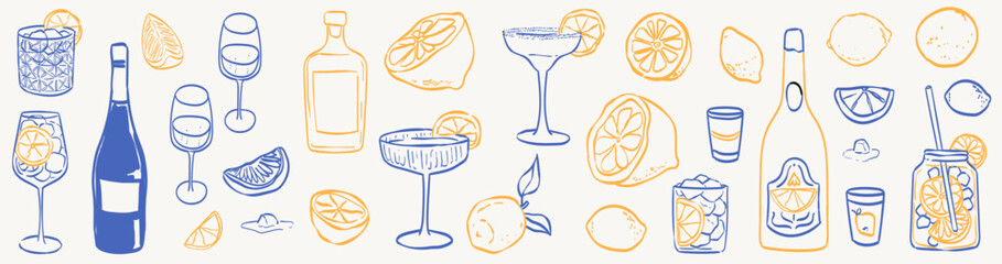 Hand drawn sketch style citrus and wine set. Vector elegant doodle line illustration of lemons, alcohol, limoncello cocktail glass and lemon slice for background, card, invitation or poster, packaging