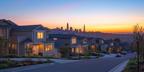 Sunset over hillside homes with city skyline view
