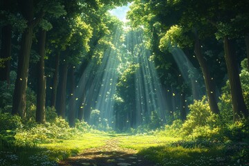 Obraz premium Sunlit forest path, butterflies, nature background, fantasy scene, idyllic