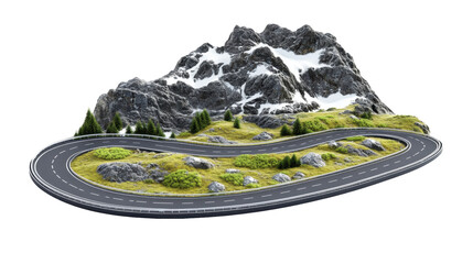 Winding Road Surrounded by Rocky Mountain Landscape with Snow and Lush Greenery