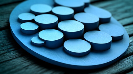 Blue cylindrical shapes clustered on a larger oval base resting on a dark wooden surface  The cylinders vary slightly