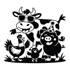 Fototapeta premium Farm Animals Doodle funny, Silhouette, Vector, Icon, Logo, White Background.