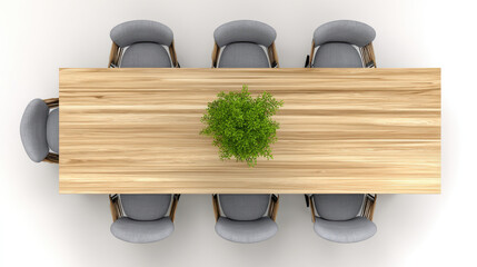 Wooden conference table with gray chairs.  A small plant sits in the center