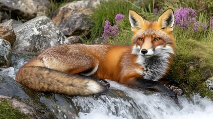 Red fox relaxing by waterfall