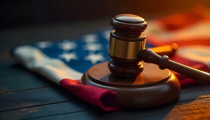 wooden gavel on american flag isolated on black