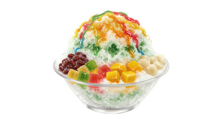 Colorful shaved ice dessert with various toppings.  A mound of shaved ice, vibrant with colors, is topped with mango, jellies, red beans, and tapioca pearls. Drizzled with sweet sauces