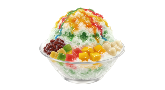 Colorful shaved ice dessert with various toppings.  A mound of shaved ice, vibrant with colors, is topped with mango, jellies, red beans, and tapioca pearls. Drizzled with sweet sauces