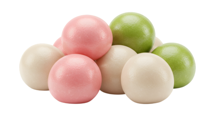 Colorful, round steamed buns in pastel shades of pink, green, and white, arranged in a cluster