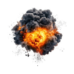 Explosion creates a massive fireball with thick clouds of smoke rising dramatically against a white background