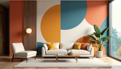 Abstract geometric shapes in muted tones create a sophisticated interior design repeat , subtle, room, geometric