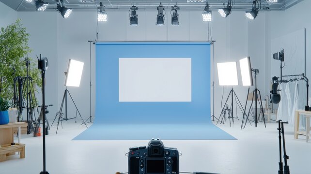 Bright Modern Photography Studio with Blue Backdrop studio photography backdrop blue white bright - Powered by Adobe