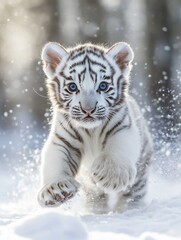 Obraz premium Playful White Tiger Cub Running Through Snow 