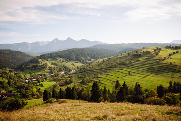 Obraz premium Inspiring landscape of green hills. Terraced fields stretch across the hills of lush greenery. Concept of nature, freedom and view.