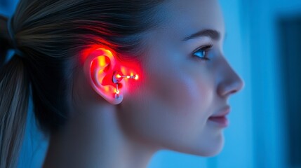 Close-up profile of a young woman with red light therapy illuminating her ear.