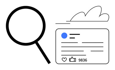 Magnifying glass near a social media post card with thumbs ups count and abstract cloud. Ideal for data analysis, social media, content strategies, marketing, SEO, research visualization, simple