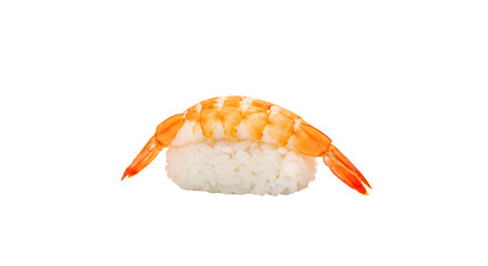 Single shrimp sushi, topped with cooked shrimp on a bed of white rice